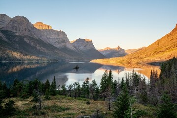  Sunrise across Wild Goose Island on Saint Mary Lake at Glacier National Park in Montana, USA