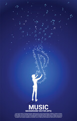 vector conductor and music melody note dancing flow . Concept background for song and concert theme.