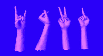Aufkleber - Set of 3D low-poly hand models made of polygonal wireframe. Futuristic style illustration.