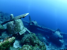 Airplane Wreck C47 Dakota Aircraft Underwater Propeller Airplane Engine Metal On Ocean Floor Scuba Divers To Explore