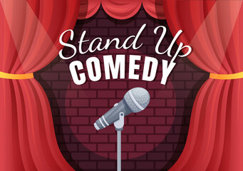 Stand Up Comedy Show Theater Scene with Red Curtains and Open Microphone to Comedian Performing on Stage in Flat Style Cartoon Illustration