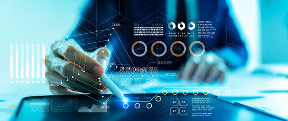 Finance business investment businessman signing on computer tablet. Business data transformation AI bot data analytic marketing company stock exchange price data