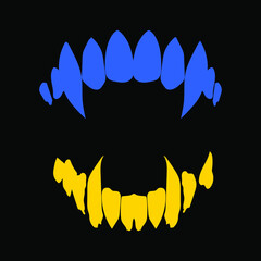 Aggressive sharp teeth in the color of the Ukrainian flag. Symbol of resistance. Support for Ukraine. Vampire teeth illustration vector isolated on black background.