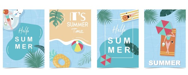 Wall Mural - Party summer time postcard with pool and beach in the daytime background