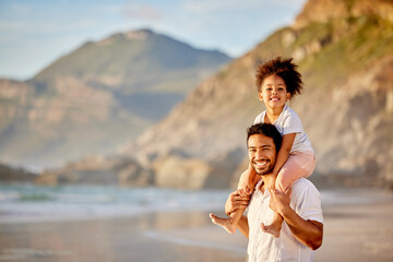 Sticker - The family is the first essential cell of human society. Shot of a father carrying his daughter at the beach.