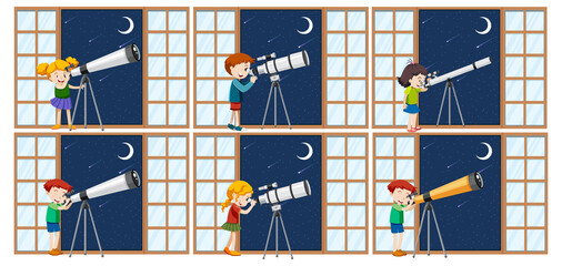 Sticker - Set of different kids observe night sky with telescope