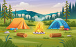 © YG Studio - Nature camp landscape with tents, campfire, backpack, and lantern cartoon illustration