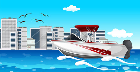 Poster - River city scene with a speedboat