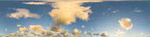 Dark Blue Sunset Sky Panorama With Cumulus Clouds. Seamless Hdr Pano In Spherical Equirectangular Format. Complete Zenith For 3D Visualization, Game And Sky Replacement For Aerial Drone 360 Panoramas.