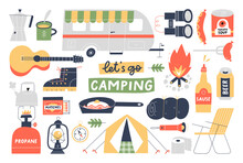 Camping, Hiking Or Picnic Set. Hand Drawn Tent, Campfire, Food And Drinks