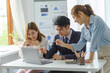 © amnaj - Group of young Asian business people brainstorming, looking at laptop computer.