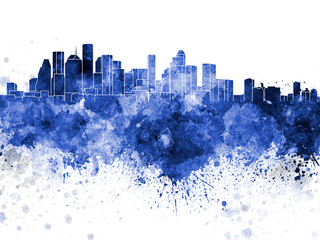 Wall Mural - Houston skyline in blue watercolor on white background
