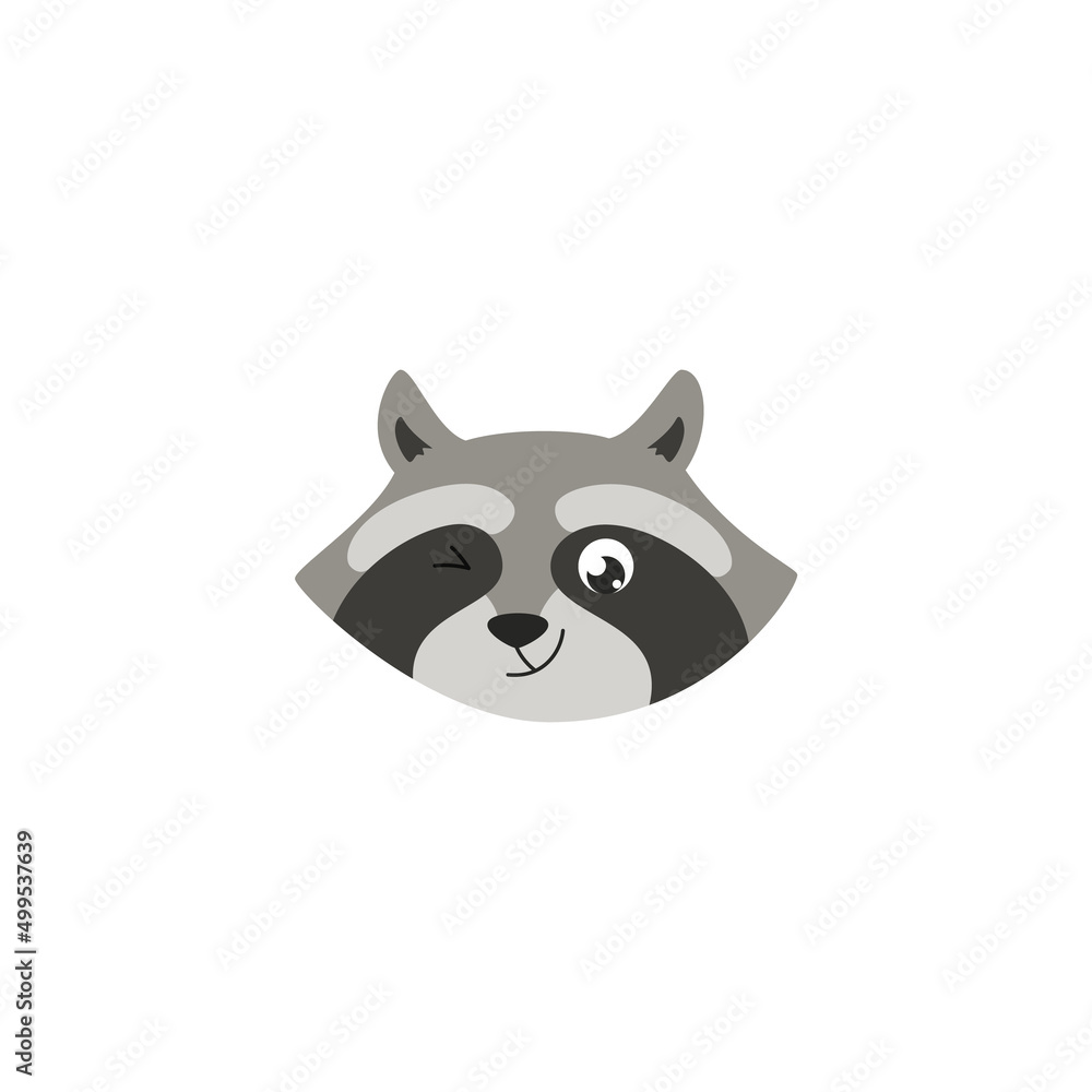 Muzzle of a winking raccoon, animal head in flat vector illustration ...