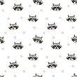 Cute raccoon seamless pattern design, flat vector illustration on white.