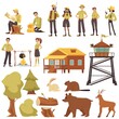 Male and female park rangers and forest guards in uniform, vector clipart isolated. Wood cabin, fire lookout tower.