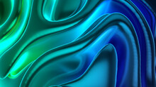3D Render Of Aesthetic Abstract Art With Part Of Alien Flowy Shapes In Spherical Wavy Curves And Twists In Metallic Shiny Matte Material In Green Cyan Blue Color With Blue Glow Light