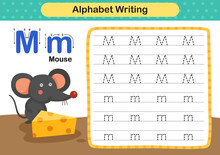 Alphabet Letter  M - Mouse Exercise With Cartoon Vocabulary Illustration, Vector
