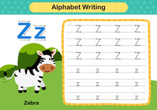 Alphabet Letter Z - Zebra Exercise With Cartoon Vocabulary Illustration, Vector