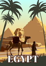 Ancient Egypt Pharaoh Pyramids Sphinx Vintage Poster. Travel To Egypt Country, Sahara Desert, Camel With Egyptian. Retro Card Illustration Vector