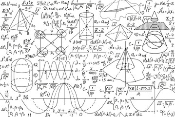 Wall Mural - school educational vector seamless pattern with handwritten mathematical formulas, plots, figures
