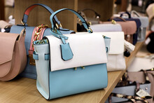 Female Handbags On Rack In A Store. Different Colors Of Spring And Summer Female Purses