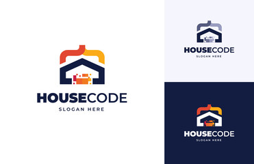 Wall Mural - House code tech direction simple service vector logo design, Creative technology building house icon logo design