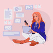 © veye - The young woman is sitting. Girl holding laptop. Vector illustration.