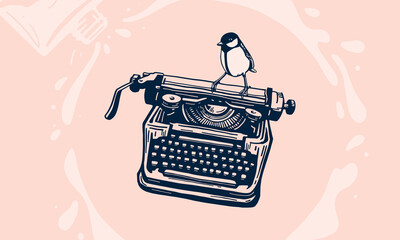 Typewriter, bird, vector illustration. Hand drawn vintage typewriter.