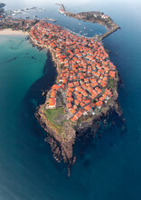 Top View Of Red Roofs Of Houses At Rocky Coastline Of The Black Sea In The Old Town Of Sozopol, Bulgaria