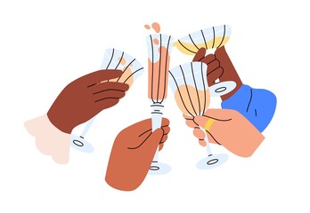 Wall Mural - Hands with alcohol drinks. Cheers with champagne, wine, cocktail glasses. Friends toast at party, gathering, celebrating holiday event. Flat graphic vector illustration isolated on white background