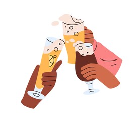 Wall Mural - Friends hands with beer glasses cheering together, celebrating holiday with toasts. Group of human arms holding drinks with foam, bubbles. Flat graphic vector illustration isolated on white background