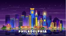 Philadelphia ( Pennsylvania USA ) Night Skyline With Panorama At Sky Background. Vector Illustration. Business Travel And Tourism Concept With Modern Buildings. Image For Banner Or Website.
