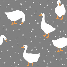 Goose And Snow Seamless Pattern. Winter Xmas Background. Snowflakes And Geese On Dark Background