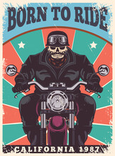 Motorcycle Poster. Bikers Club Freedom Symbols Animal In Helmet Exact Vector Retro Style Poster With Place For Text