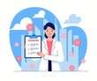 Smiling female doctor in lab coat with list of recommendations, instructions, tips in her hands on blue city background. Flat vector illustration.