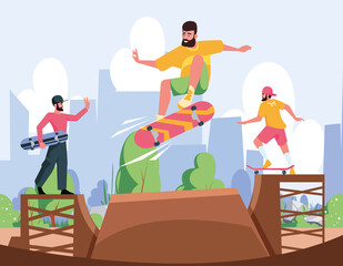 Poster - Skateboarders jumping. Action sport characters outdoor riders on skateboard playground garish vector cartoon background