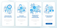 Stakeholders Engagement Blue Onboarding Mobile App Screen. Walkthrough 4 Steps Graphic Instructions Pages With Linear Concepts. UI, UX, GUI Template. Myriad Pro-Bold, Regular Fonts Used