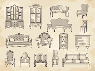 Wall Mural - vintage furniture. chairs wardrobe beds and sofa tables house retro furniture recent vector hand dra