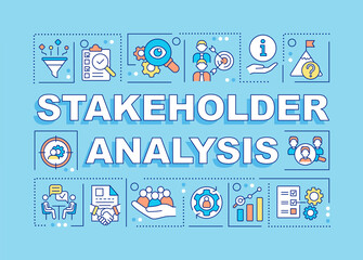 Stakeholder analysis word concepts blue banner. Potential partners. Infographics with icons on color background. Isolated typography. Vector illustration with text. Arial-Black font used