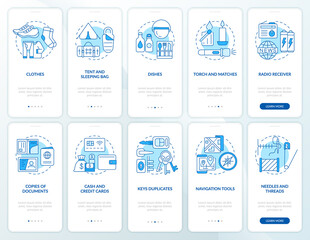 Wall Mural - Pack emergency go bag blue onboarding mobile app screen set. Survive walkthrough 5 steps graphic instructions pages with linear concepts. UI, UX, GUI template. Myriad Pro-Bold, Regular fonts used