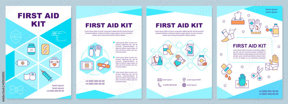 First aid kit blue brochure template. Medical supplies. Leaflet design ...
