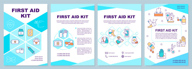 Wall Mural - First aid kit blue brochure template. Medical supplies. Leaflet design with linear icons. 4 vector layouts for presentation, annual reports. Arial-Black, Myriad Pro-Regular fonts used