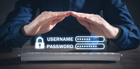 Human hand showing Username and Password with padlock.