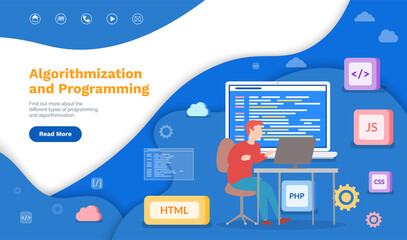 Algorithmization and programming landing page template, coding, programmer at work with task sitting at computer. Programming skills concept, web engineer. Development of coding technologies