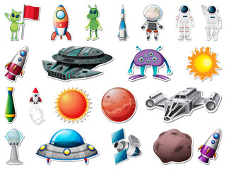 Wall Mural - Sticker set of outer space objects and astronauts