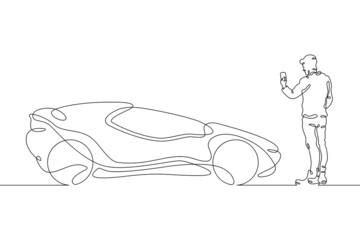 One continuous line. A man remotely controls an electric machine. Concept car of the future. Eco-friendly mode of transport.One continuous line drawn isolated, white background.