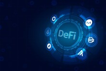 DeFi Decentralized Finance For Exchange Cryptocurrency.Finance System,block Chain And Walllet.Circle Blue Dark Technology System With Alt Coin Vector Icon.