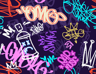 Wall Mural - Graffiti street art tags - vector seamless pattern. Rap and hip-hop elements on endless purple background. Graffiti design for print tee, apparel and textile design. Hip-hop street art background