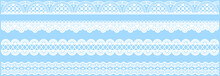 Set Of Wide Lace Ribbons With Print. White Design Elements Isolated On Blue Background. Seamless Pattern For Creating Style Of Card With Ornaments. Lace Decoration Template, Ribbons For Design