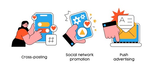 Wall Mural - online media promotion strategies - set of business concept illustrations. cross-posting, social net